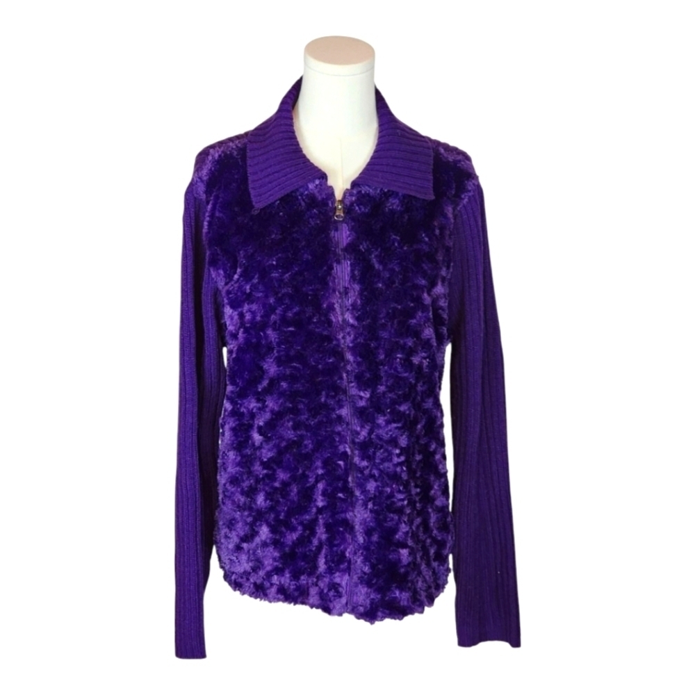 Effeci Purple Faux Fur & Knit Zip-Up Sweater Jacket Large Y2K Retro Statement
